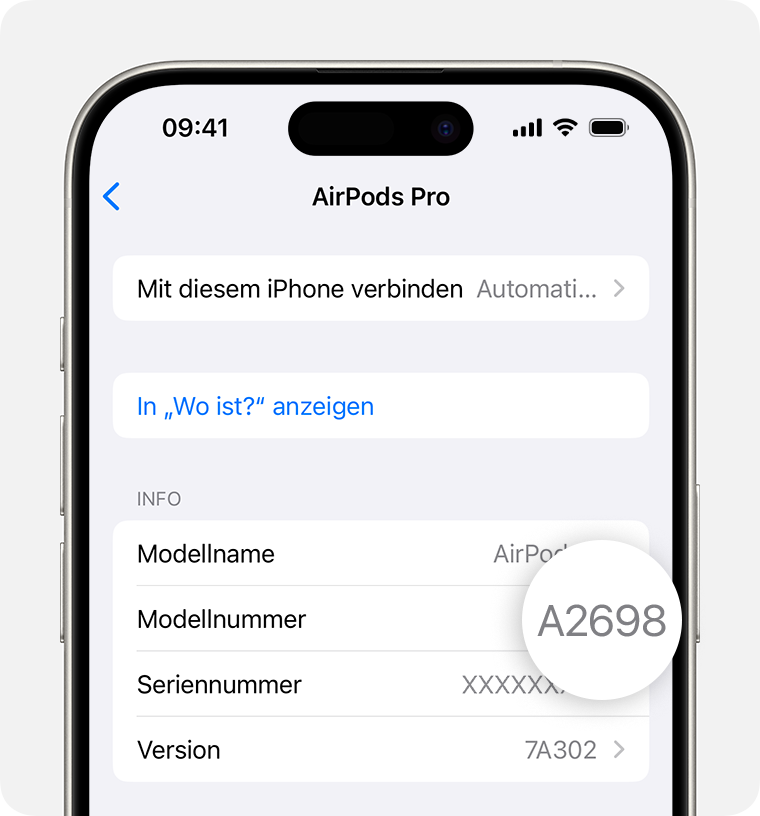 AirPods Pro-Modellnummer (A2698), die auf dem iPhone unter „Einstellungen“ aufgeführt ist.