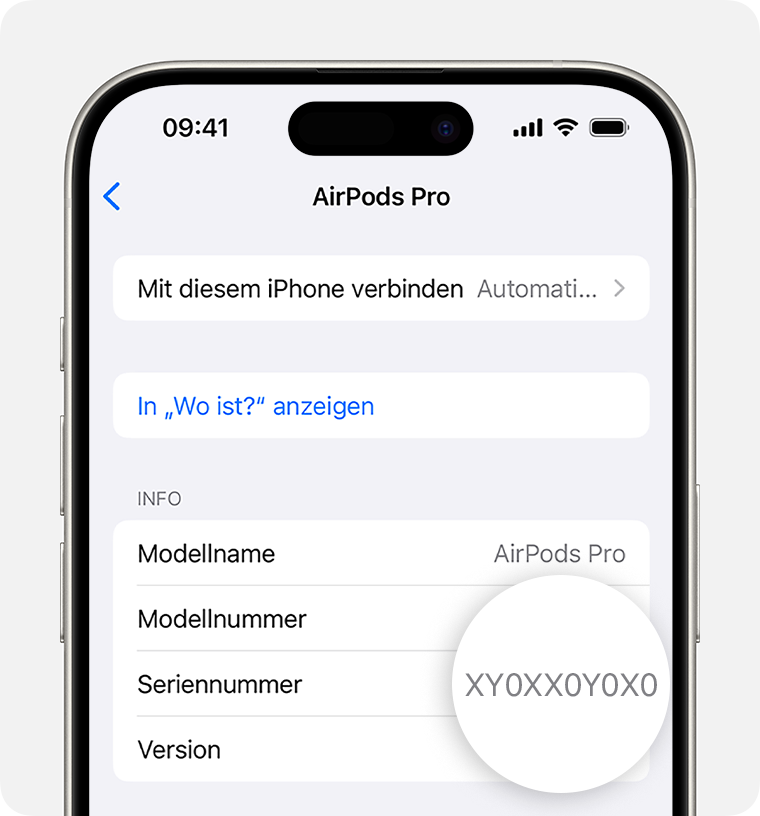 AirPods Pro-Seriennummer, die auf dem iPhone unter „Einstellungen“ aufgeführt ist.