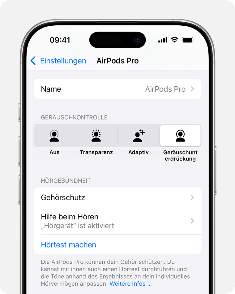 Hörunterstützung unter „Hörgesundheit“ in den AirPods-Einstellungen auf iPhone.