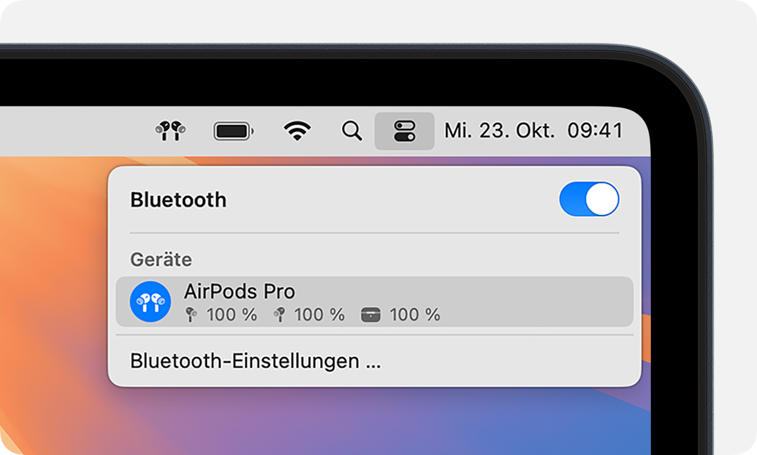 Kontrollzentrum in macOS zeigt die verbundenen AirPods Pro