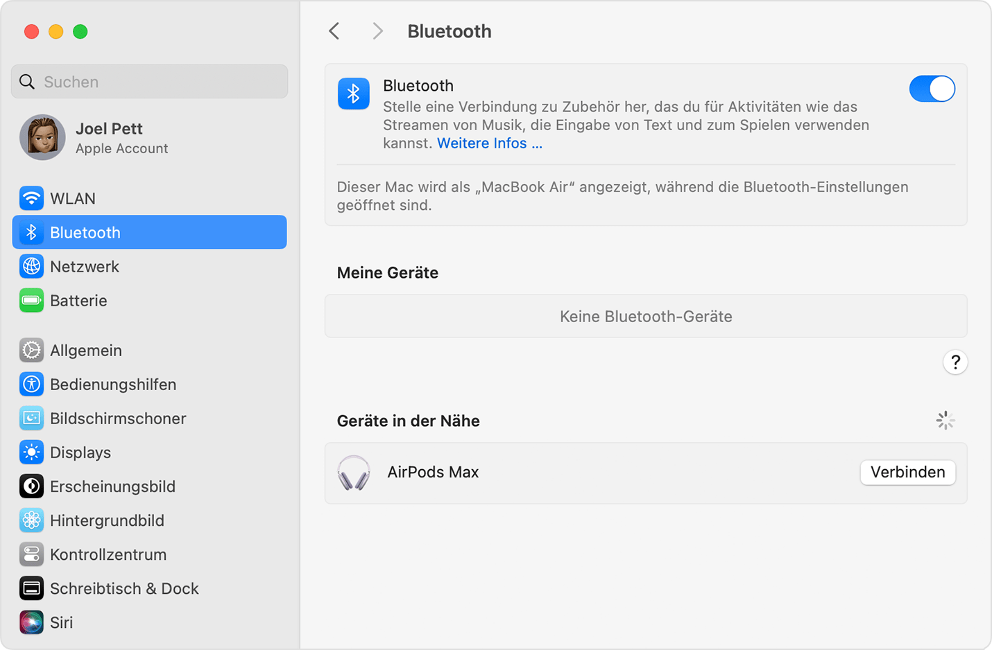 Bluetooth-Einstellungen in den Systemeinstellungen in macOS zeigen AirPods Max als verbindungsbereit an