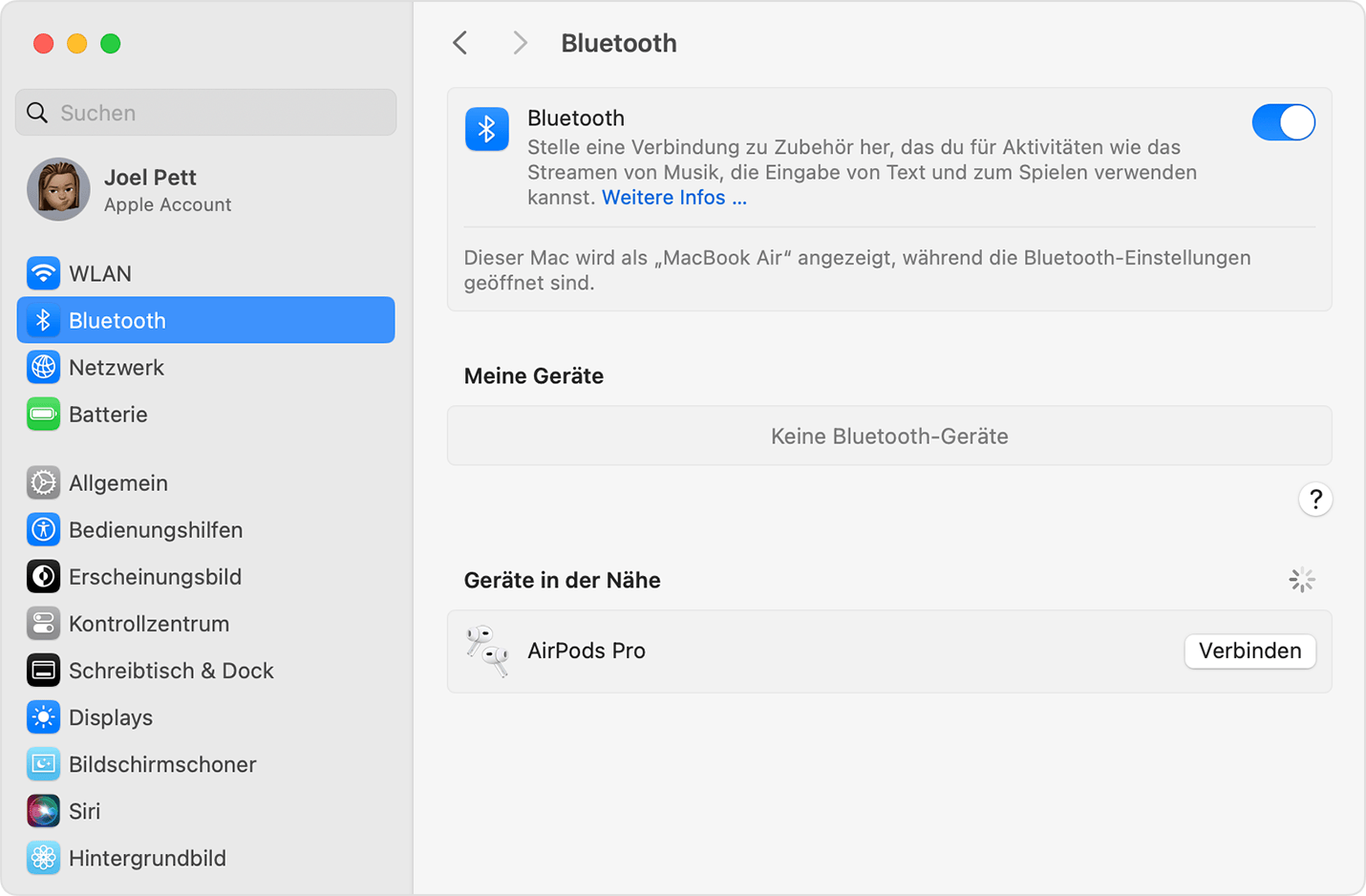 Bluetooth-Einstellungen in den Systemeinstellungen in macOS, die zeigen, dass die AirPods Pro zur Verbindung bereit sind