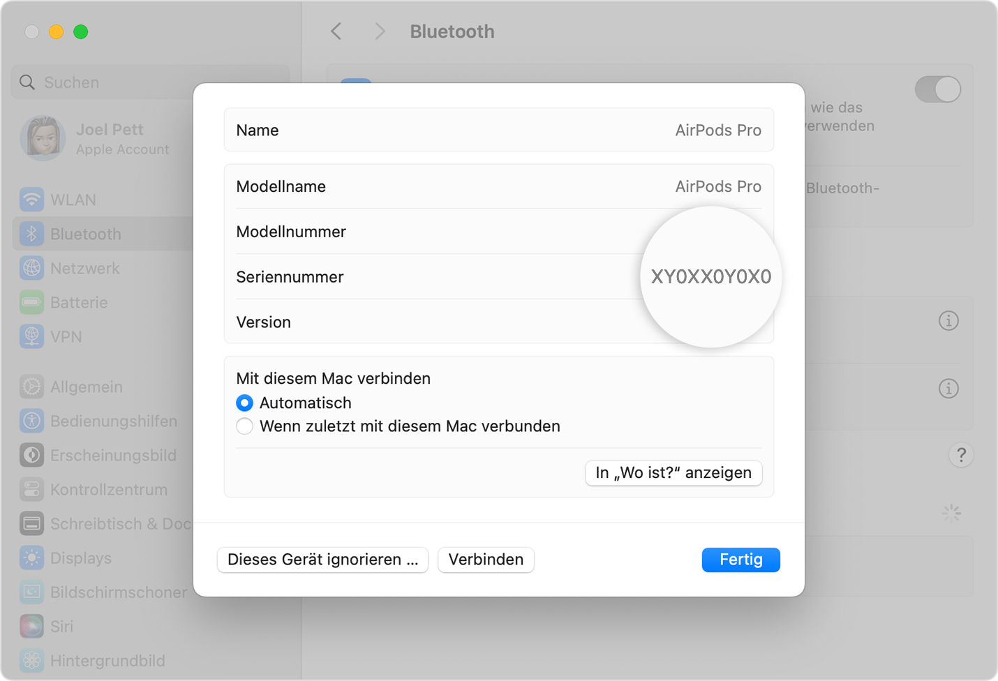 AirPods Pro-Seriennummer in den macOS-Systemeinstellungen