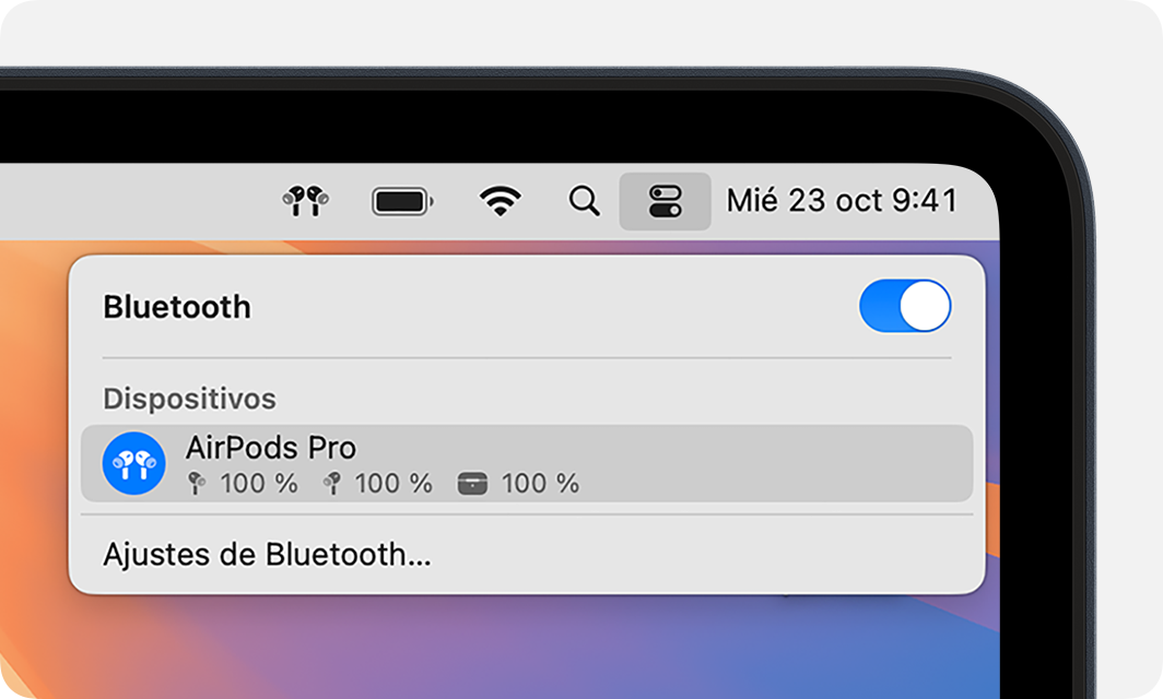 Centro de control en macOS que muestra unos AirPods Pro conectados