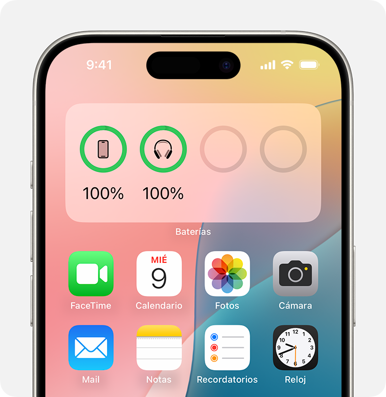 Widget Baterías en la pantalla de inicio de iPhone.