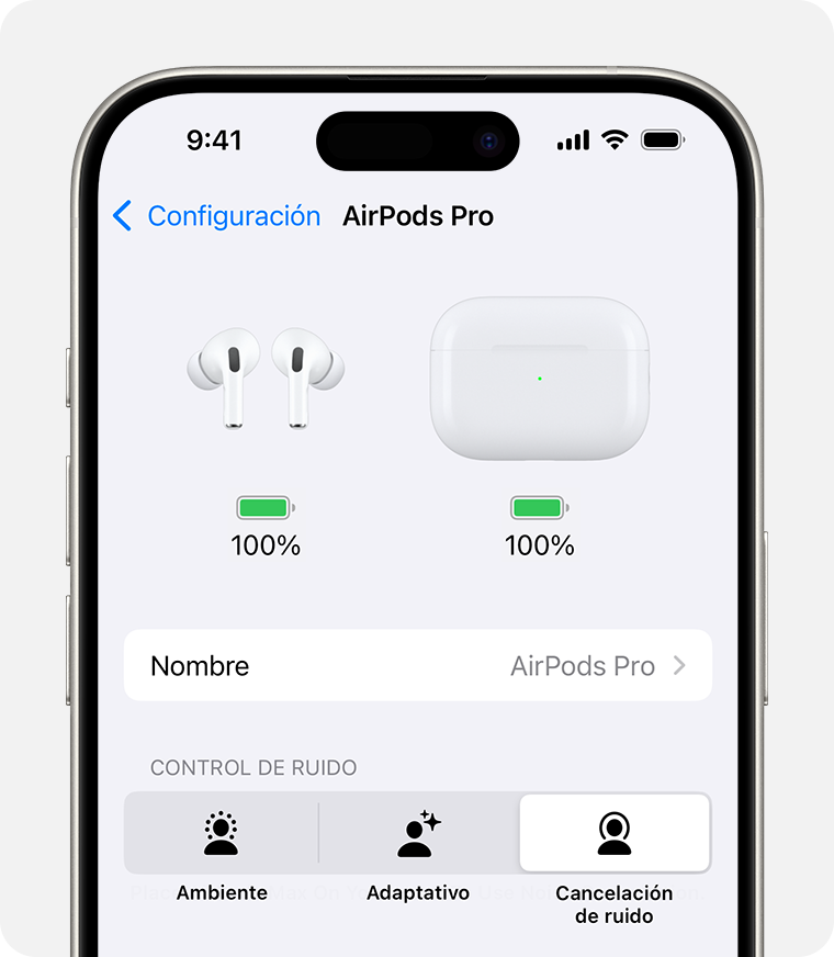 Configuración de los AirPods Pro en el iPhone. Las opciones de control de ruido están después del campo Nombre.