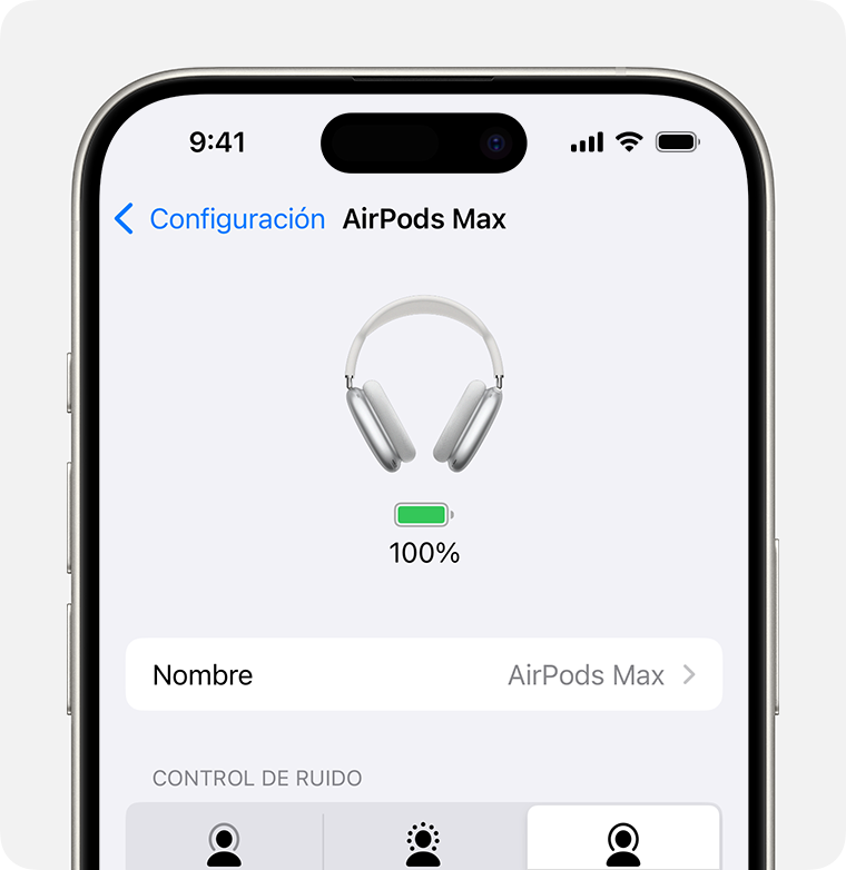 Nivel de batería de los AirPods Max en la app Configuración en iPhone.