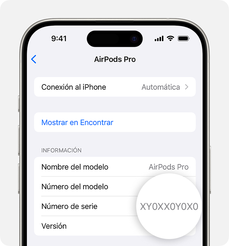 Número de serie de los AirPods Pro en Configuración en el iPhone.