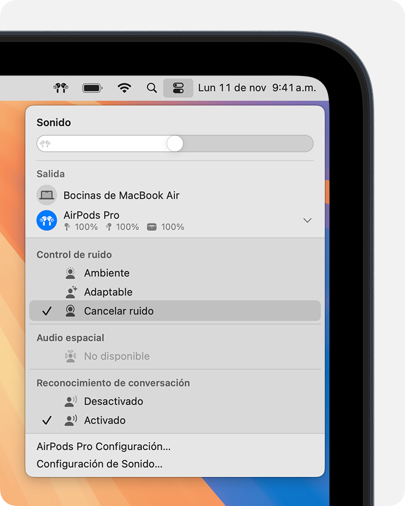 Configuración de sonido en el Centro de control en la Mac. Los modos de control de ruido disponibles se muestran cuando se seleccionan los AirPods Pro o AirPods Max como dispositivo de salida.