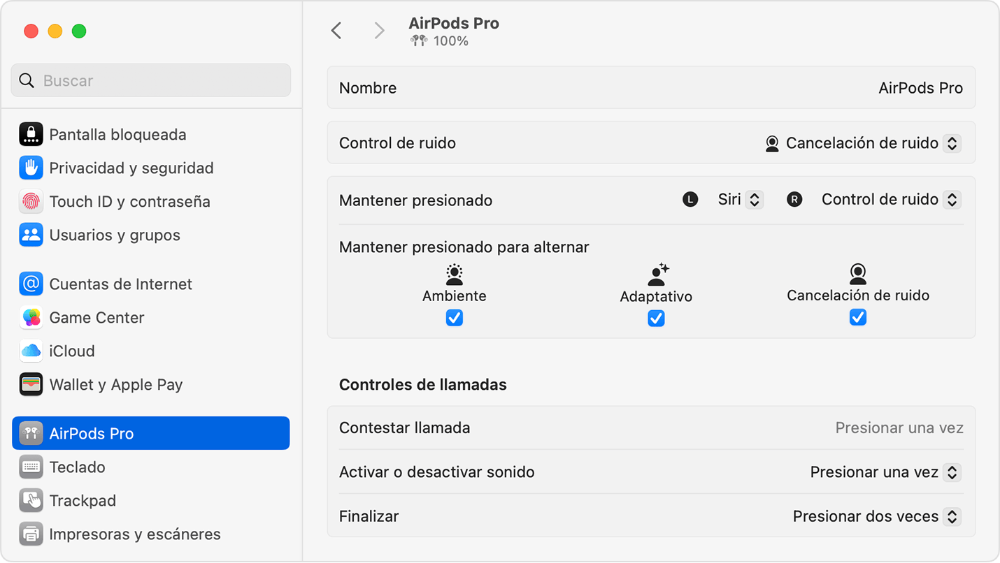 Configuración de los AirPods Pro en Configuración del Sistema en la Mac.