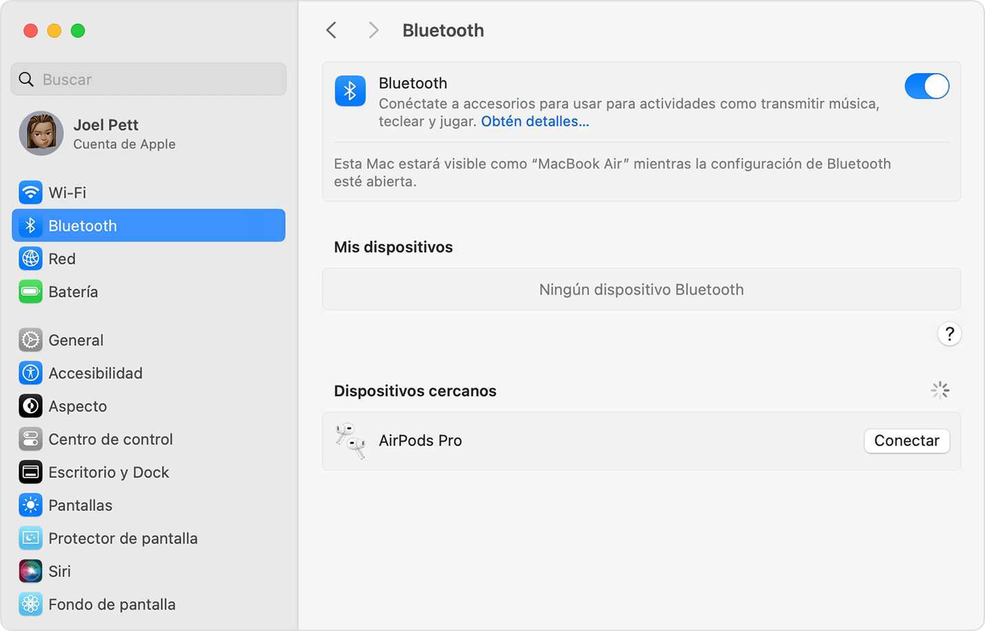 La configuración de Bluetooth en Configuración del Sistema en macOS muestra los AirPods Pro listos para conectarse