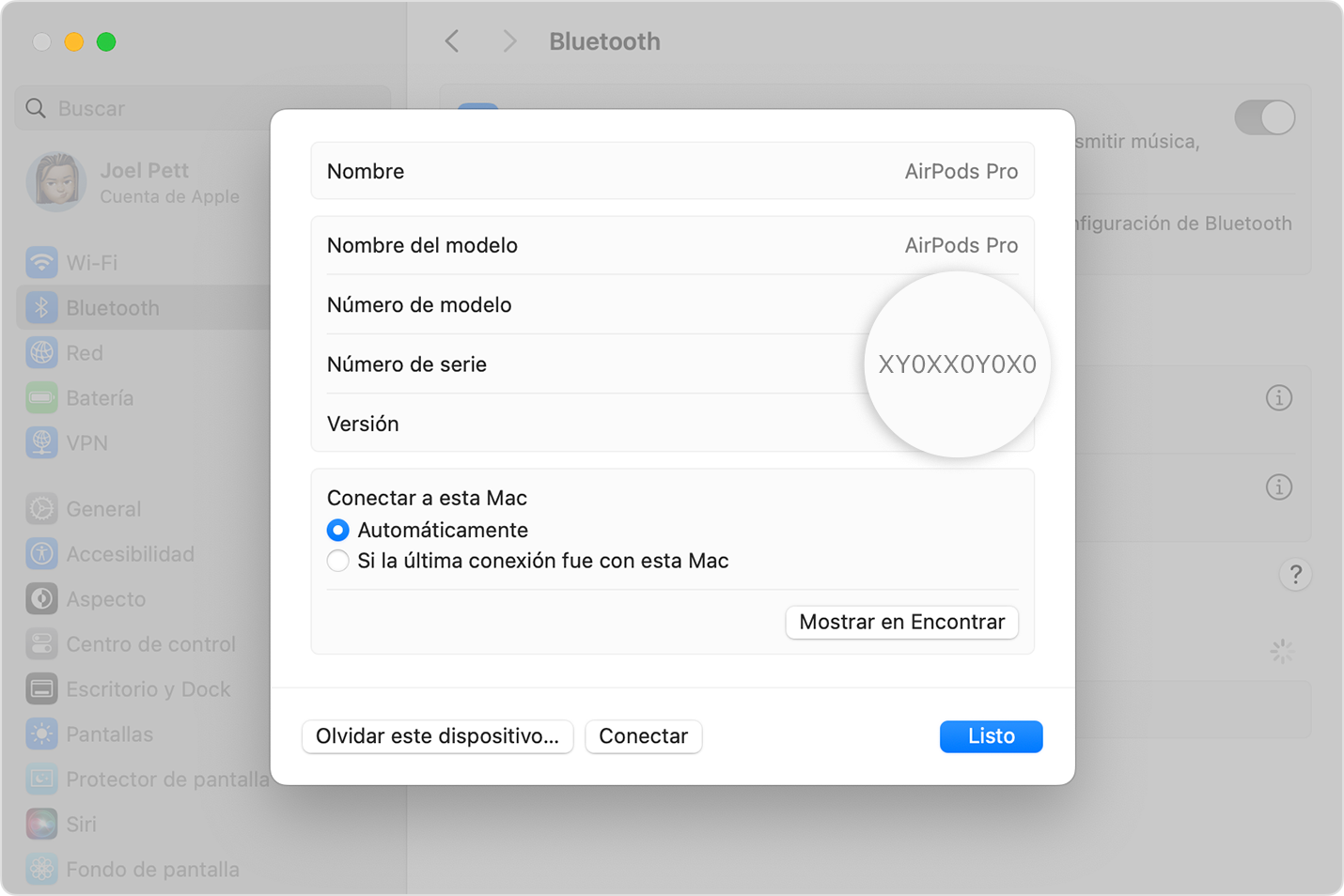 Número de serie de los AirPods Pro en Configuración del Sistema de macOS