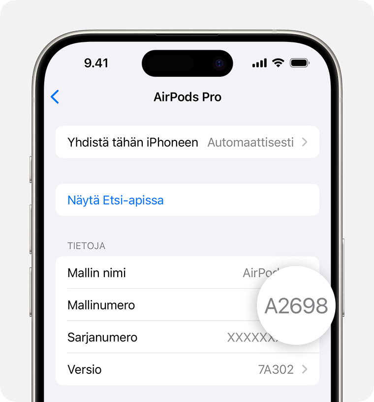 AirPods Pron mallinumero A2698 näkyy iPhonen Asetuksissa.