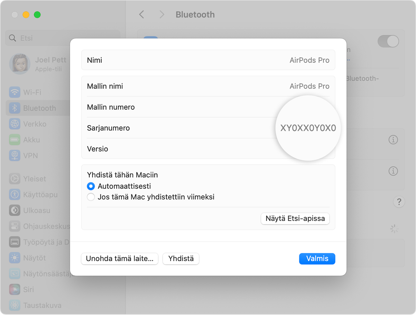 AirPods Pron sarjanumero macOS:n Järjestelmäasetuksissa