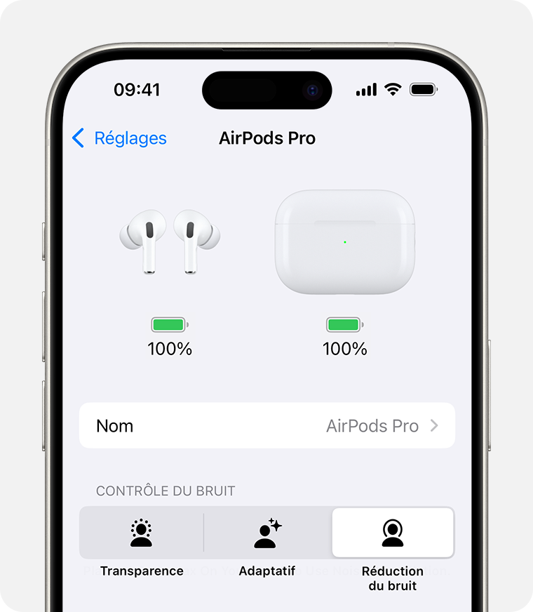 Réglages AirPods Pro sur un iPhone. Les options de contrôle du bruit figurent en dessous du champ Nom.