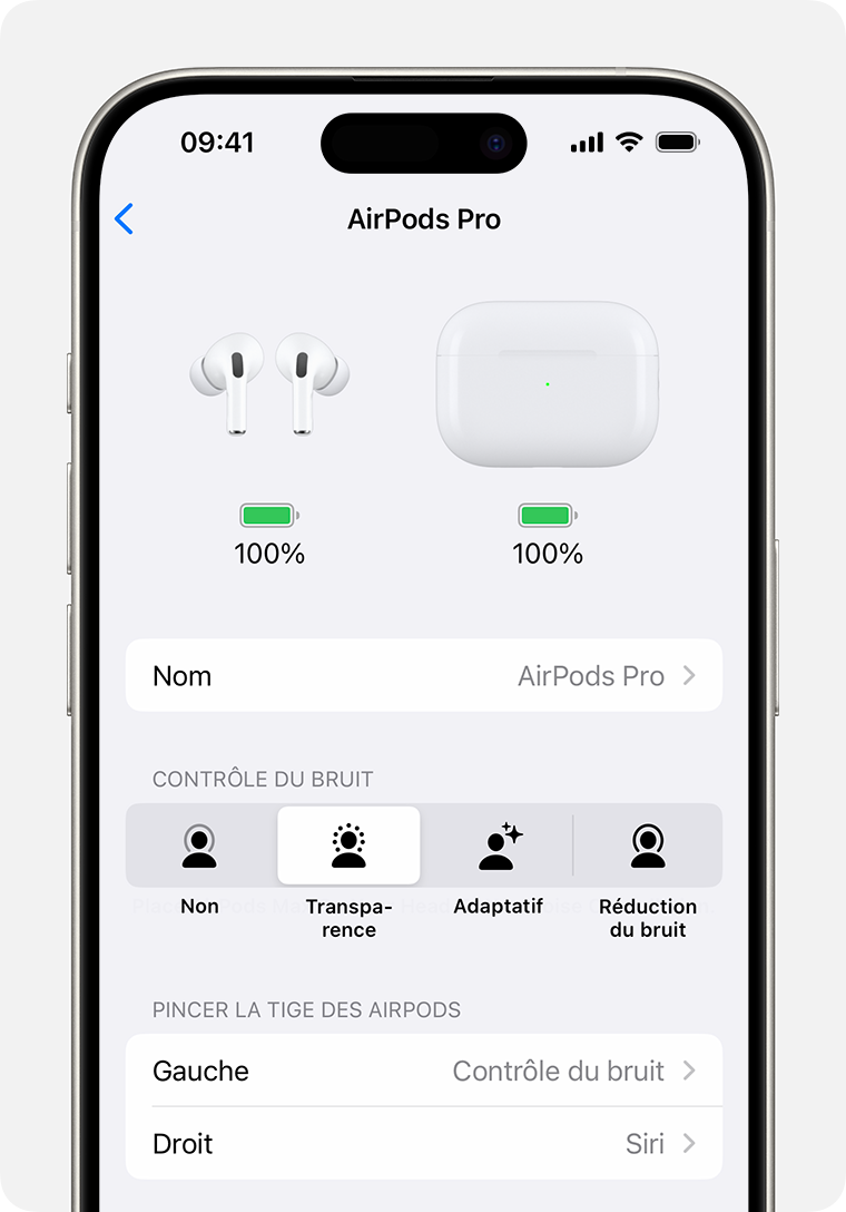 Réglage des AirPods Pro sur iPhone. La section Pincer la tige des AirPods figure sous la liste des modes de contrôle du bruit.