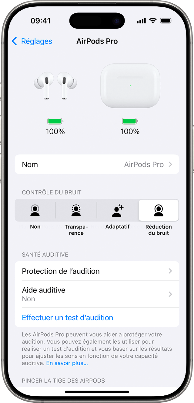 Réglages des AirPods Pro 2 sur iPhone. Les options de santé auditive, y compris le bouton permettant de lancer un test d’audition, se situent après les options de contrôle du bruit.