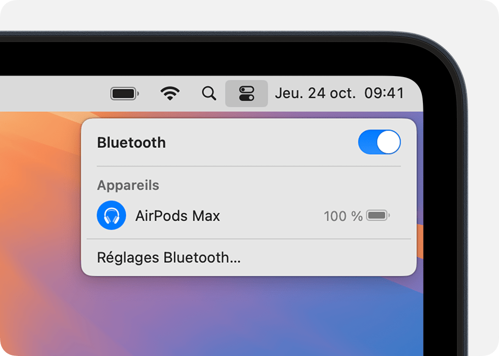 Centre de contrôle dans macOS montrant des AirPods Max connectés