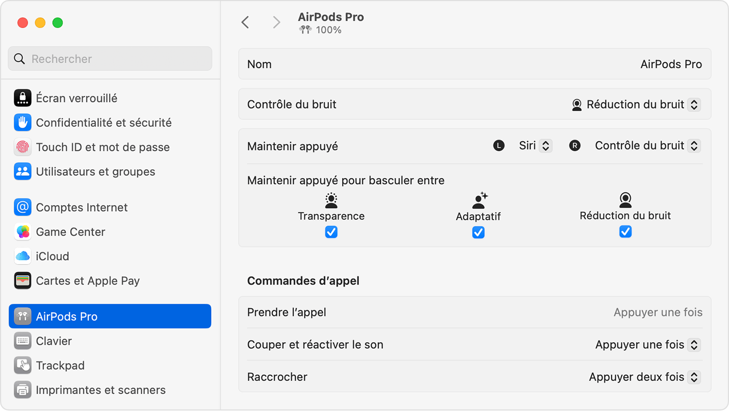 Réglages des AirPods Pro dans Réglages Système sur un Mac.