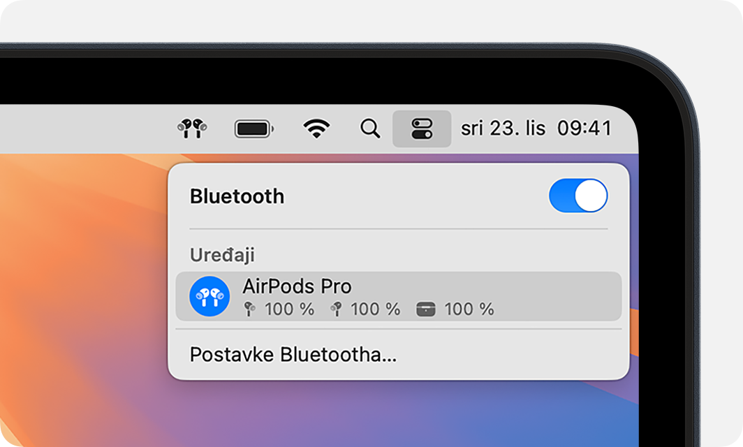 Kontrolni centar sustava macOS s prikazom povezanih AirPods Pro slušalica