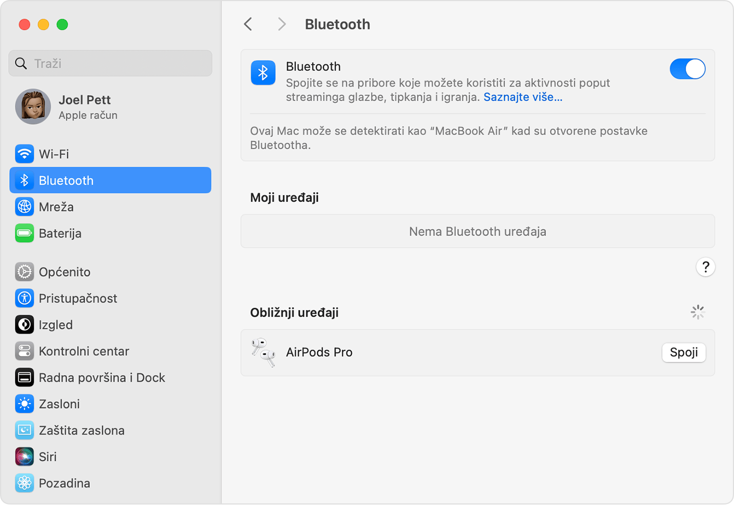 Bluetooth postavke u odjeljku Postavke sustava u sustavu macOS prikazuju da su AirPods Pro slušalice spremne za povezivanje