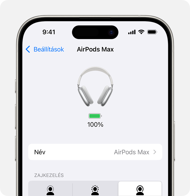 Az AirPods Max akkumulátorának töltöttségi szintje a Beállítások alkalmazásban iPhone-on.