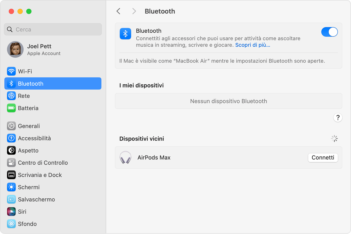 Impostazioni Bluetooth in Impostazioni di Sistema in macOS che mostrano le AirPods Max pronte per la connessione