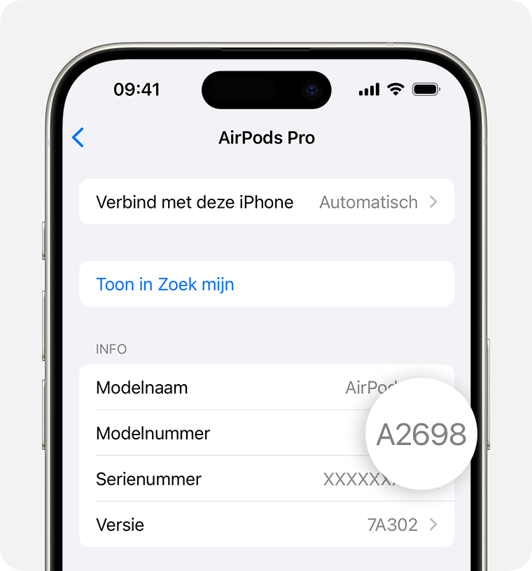 AirPods Pro-modelnummer, A2698, weergegeven in Instellingen op een iPhone.