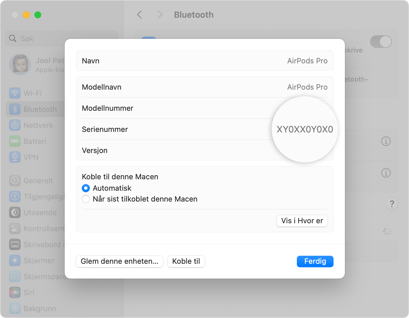 Serienummer for AirPods Pro vist i systeminnstillingene i macOS