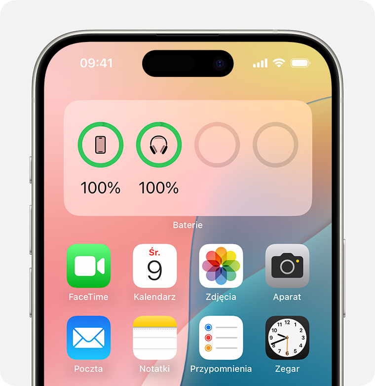 Widżet Baterie na ekranie początkowym iPhone’a.