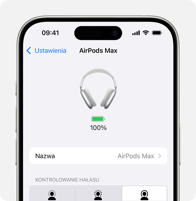 Maksymalny poziom naładowania baterii słuchawek AirPods Max w aplikacji Ustawienia na iPhonie.