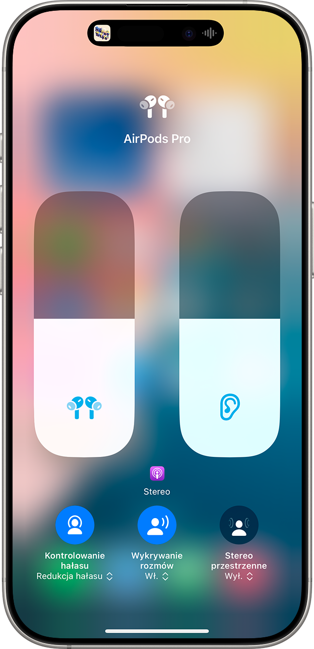Suwaki głośności i wzmocnienia w centrum sterowania na iPhonie.