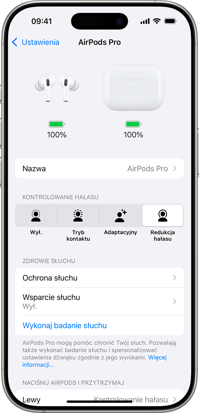 Ustawienia słuchawek AirPods Pro 2 na iPhonie. Opcje funkcji Zdrowie słuchu, w tym przycisk umożliwiający rozpoczęcie badania słuchu, są dostępne pod opcjami funkcji Kontrolowanie hałasu.