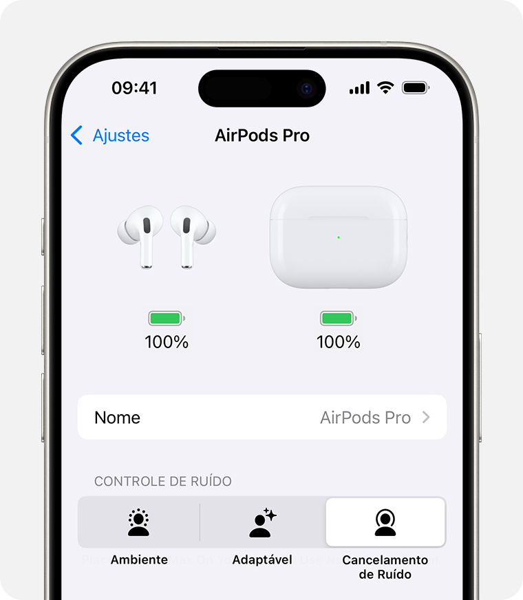 Ajustes dos AirPods Pro no iPhone. As opções de controle de ruído estão após o campo Nome.