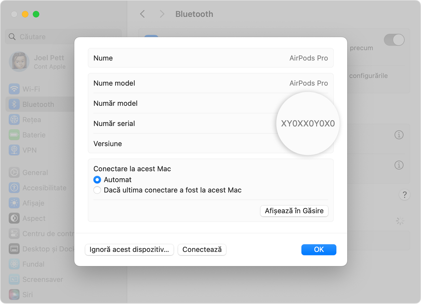 Numărul de serie al căștilor AirPods Pro afișat în Configurări sistem în macOS
