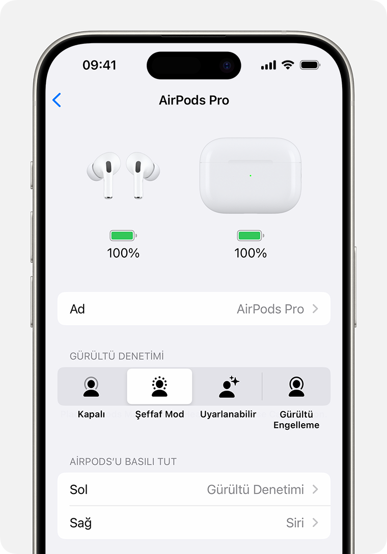 iPhone'daki AirPods Pro ayarları. AirPods'u Basılı Tutma bölümü, Gürültü Denetimi modları listesinin altındadır.