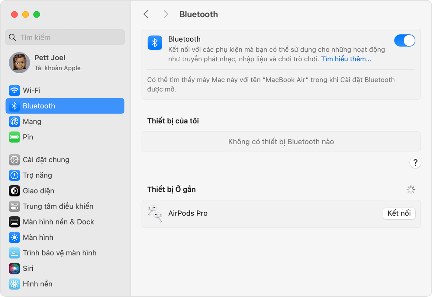 Cài đặt Bluetooth trong Cài đặt hệ thống trong macOS cho thấy AirPods Pro đã sẵn sàng để kết nối