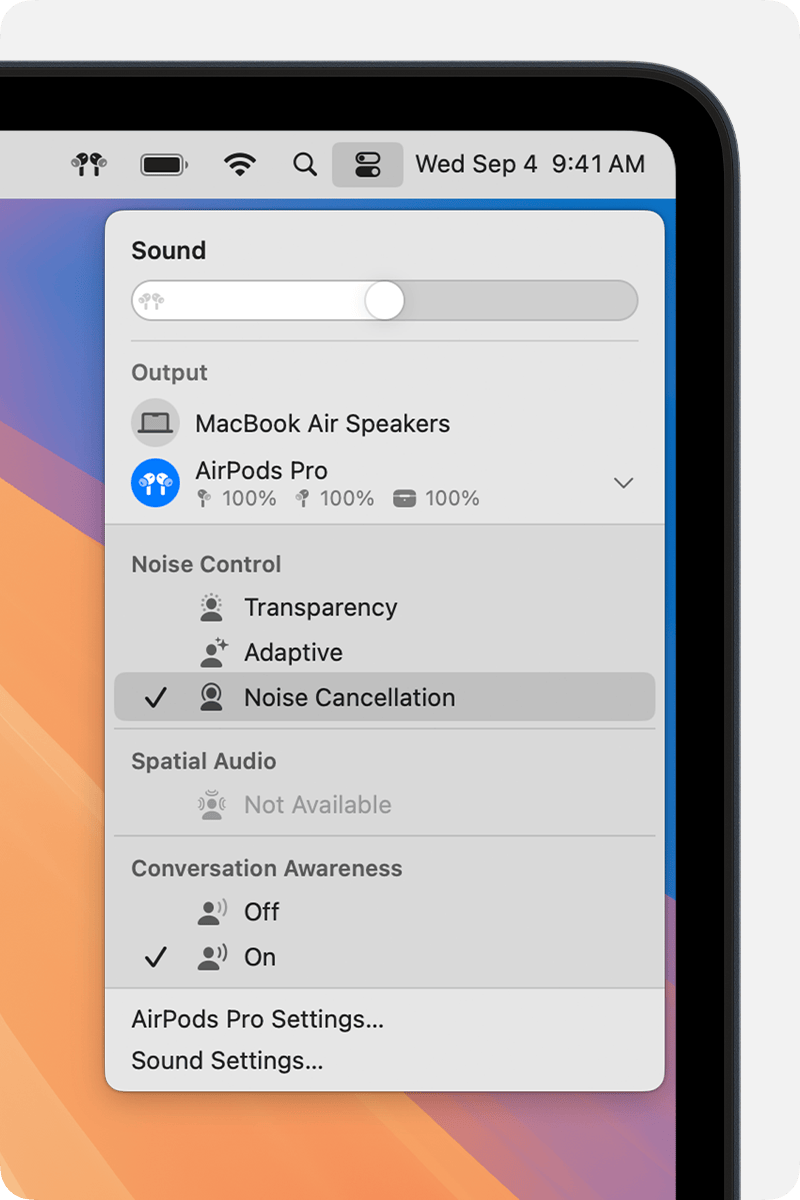 Sound settings in Control Centre on Mac. The available Noise Control modes are listed when AirPods Pro or AirPods Max are selected as the output device.