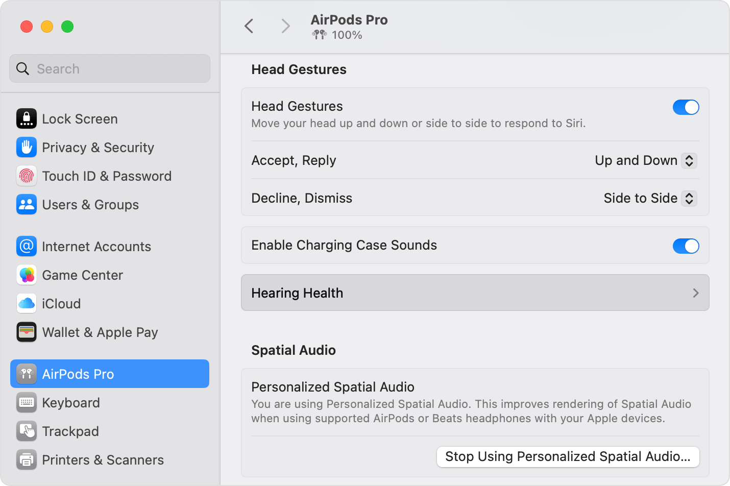 Santé auditive dans les réglages AirPods Pro sur macOS.