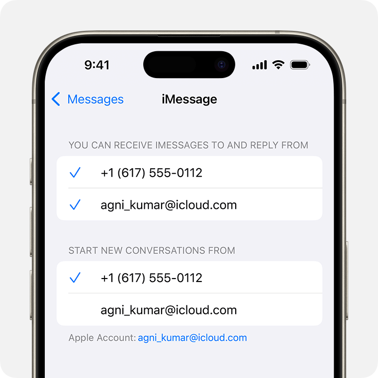 Az iMessage beállítási képernyője iPhone-on, az itt szereplő lehetőségekkel meghatározhatja, hogy melyik telefonszámot vagy e-mail-címet szeretné használni az iMessage-üzenetek fogadásához és megválaszolásához, valamint új beszélgetések indításához.