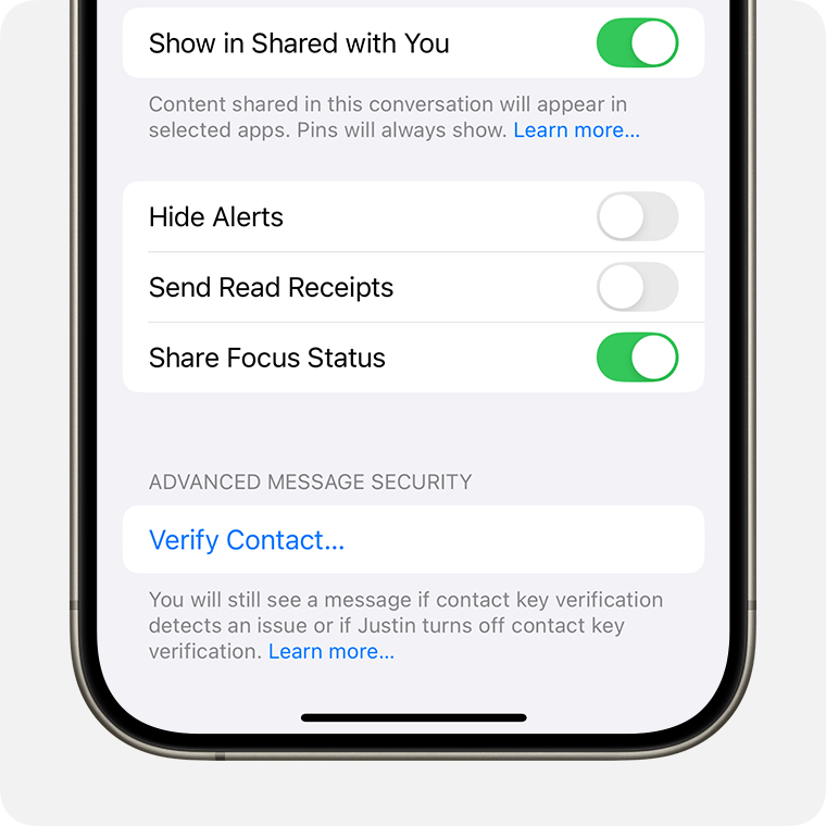 Tap Verify Contact... to make sure you’re texting with the person you intended.