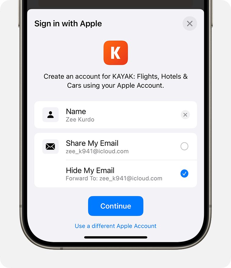 iPhone sign-in screen showing options to Share My Email or Hide My Email