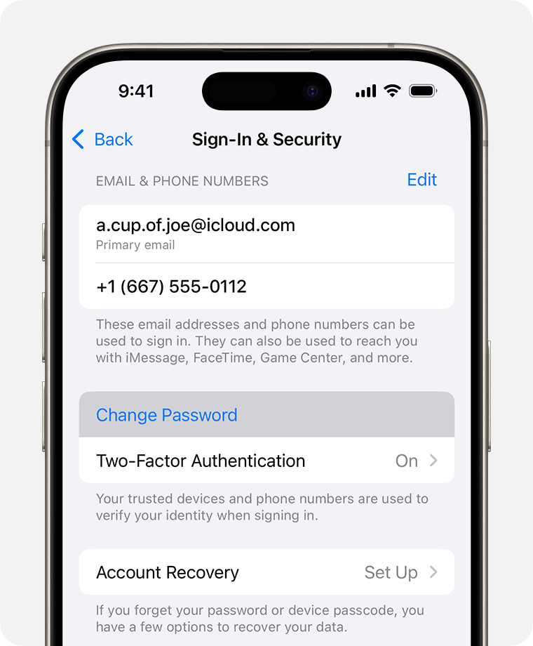 iPhone showing the Sign In & Security settings and option to Change Password