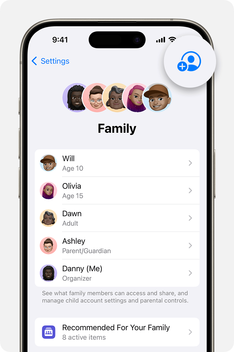 iPhone screen showing the steps for adding a member to your Family Sharing group.