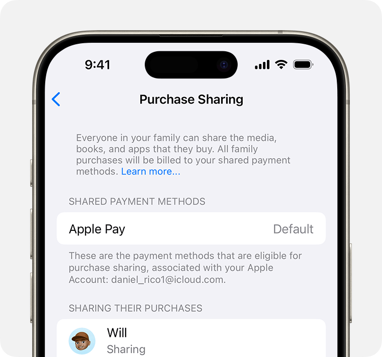 iPhone screen showing the payment method for Purchase Sharing.