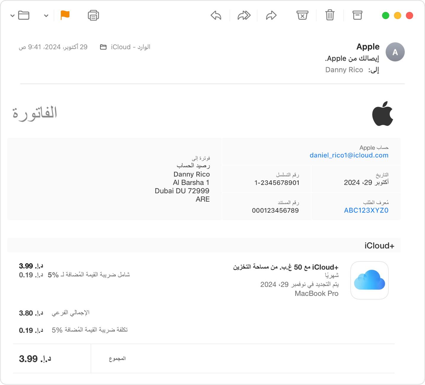 صورة تعرض إيصالا من Apple في صندوق بريد iCloud Mail.