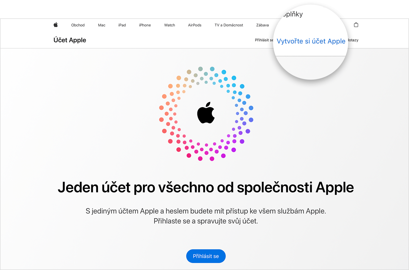 Webová obrazovka s odkazem pro vytvoření účtu Apple