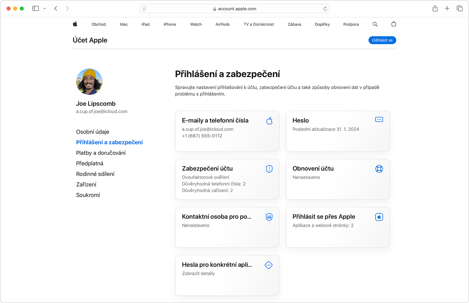 Stránka účtu Apple na webu se sekcí Přihlášení a zabezpečení