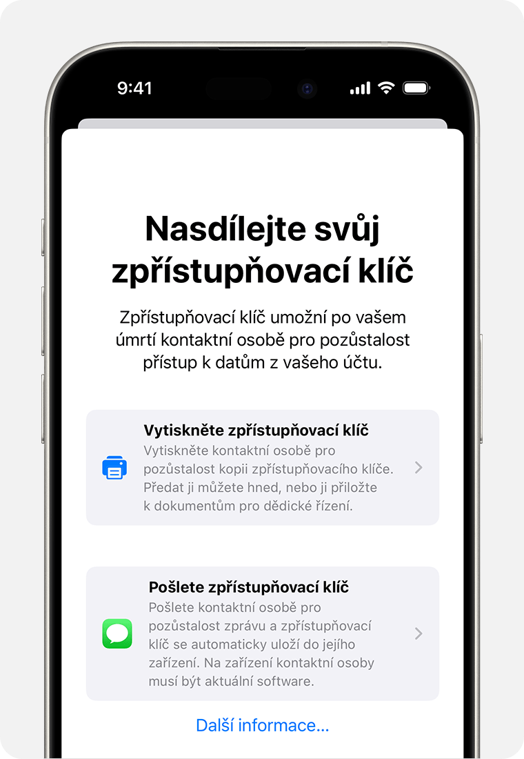 iPhone zobrazující možnosti sdílení přístupového klíče s kontaktem pro pozůstalost