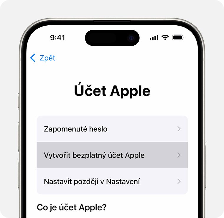 Obrazovka iPhonu s možností Vytvořit bezplatný účet Apple